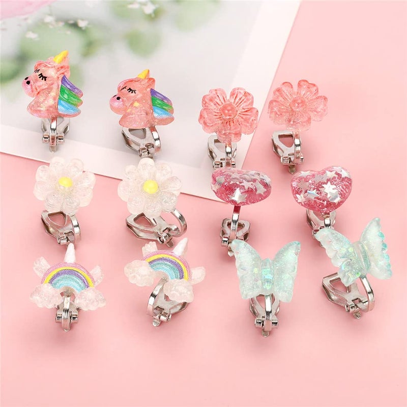 Wingchold 6Pairs Crystal Unicorn Clip On Earrings for Little Girls, Rainbow Clip-on Jewelry Butterfly Earrings Toddler Girls Dress Up Jewelry - Image 3