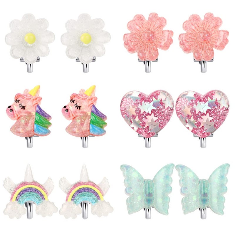 Wingchold 6Pairs Crystal Unicorn Clip On Earrings for Little Girls, Rainbow Clip-on Jewelry Butterfly Earrings Toddler Girls Dress Up Jewelry - Image 1