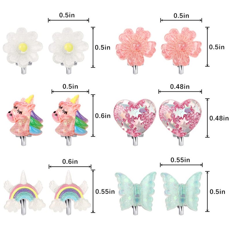 Wingchold 6Pairs Crystal Unicorn Clip On Earrings for Little Girls, Rainbow Clip-on Jewelry Butterfly Earrings Toddler Girls Dress Up Jewelry - Image 2