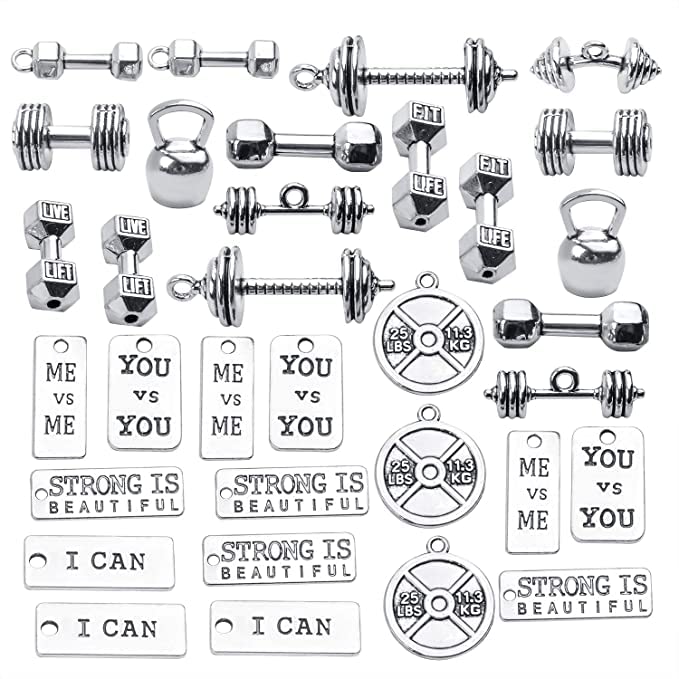 iloveDIYbeads Sports Charms-100g (about 32pcs) Strength Tags Kettle bell dumbbell barbell weight mix charms Sport charm Fit DIY Fitness Necklace Jewelry Making (M039) - Image 2