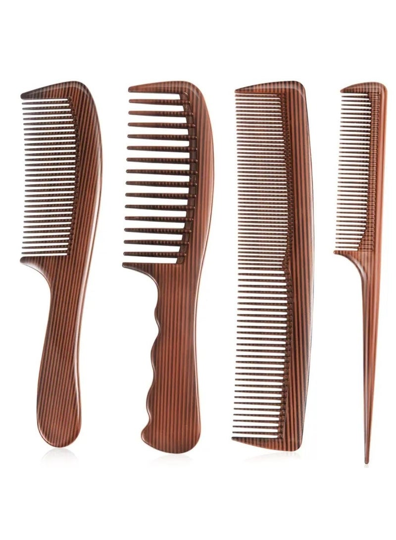 BOLREUS Set of 4 Classic Plastic Hair Combs with Faux Wood Grain Handle – Wide Tooth, Fine Tooth, Rat Tail & Beard Comb Set for Daily Use & Gift - Image 1