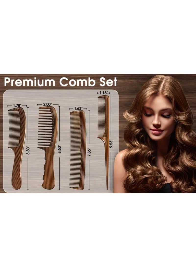 BOLREUS Set of 4 Classic Plastic Hair Combs with Faux Wood Grain Handle – Wide Tooth, Fine Tooth, Rat Tail & Beard Comb Set for Daily Use & Gift - Image 4