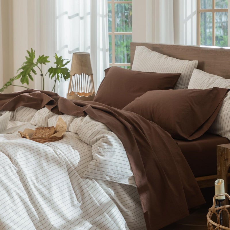 MooMee Bedding Sheet Set 100% Washed Cotton Linen Like Textured Breathable Durable Soft Comfy (Solid Cocoa Brown, Full) - Image 1
