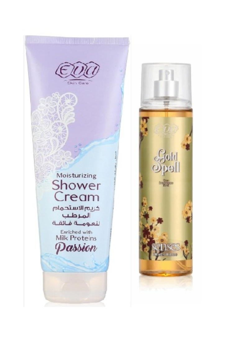 إيفا كريم الإستحمام المرطب لنعومة فائقة باشن 250 مل +ايفا سكين كير سينسز معطر الجسم جولد سپيل  240 مل - Image 1