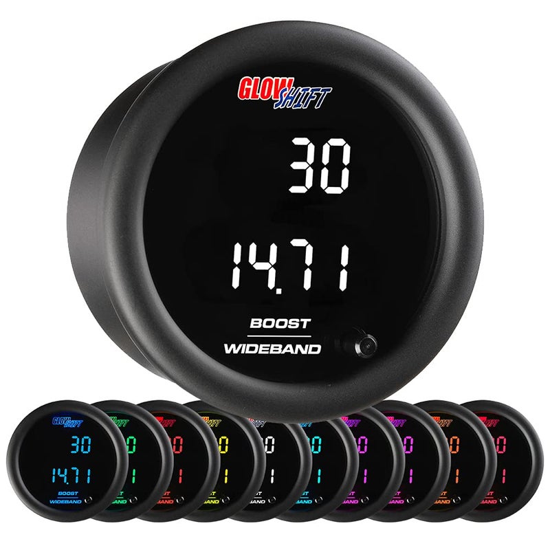 GlowShift 10 Color Digital Dual Boost Wideband AirFuel Ratio AFR Gauge Kit Includes Electronic Sensors Data Logging Output Weldin Bungs Wiring MultiColor LED Display 2116 52mm