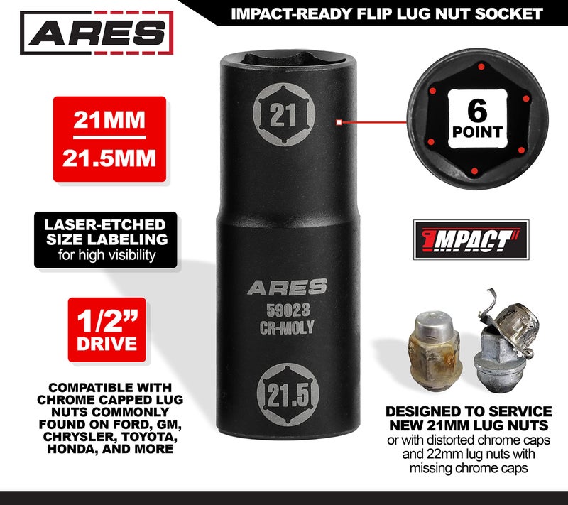 ARES 59023-1/2-inch Drive 21 x 21.5mm Half Size Lug Nut Flip Socket - Impact Grade Chrome-Moly Steel – Remove Warped, Damaged, and Bloated Chrome Capped Lug Nuts - Image 2