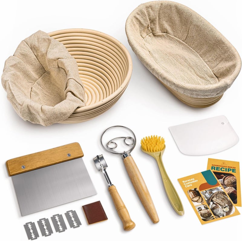 rorecay Bread Banneton Proofing Basket Set, 9 Inch Round & 10 Inch Oval Cane Sourdough Baskets with Dough Whisk Lame Dough Scraper Bowl Scraper Silicone Brush Sourdough Bread Baking Supplies - Image 1