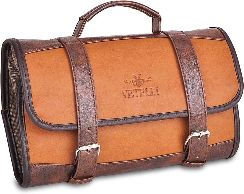 Vetelli Leather Toiletry Bag for Men Water Resistant 2 Zippered Internal Pockets 2 SnapFastened Internal Pockets and Hanging Hook