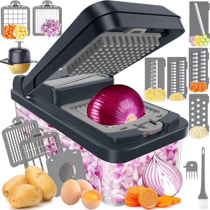 12IN1 VEGETABLE CHOPPER KITCHEN GADGETS WITH 7 BLADES VEGGIE FOOD ONION CHOPPER CUCUMBER SLICER VERSATILE MANDOLINE INCLUDES EGG SEPARATOR FINGER GUARD GRAY