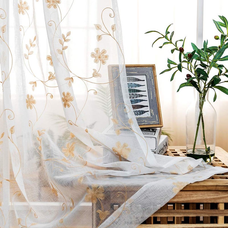MYSTIC-HOME Floral Embroidery Sheer Curtains Beige 95 Inch Length Rod Pocket Voile Drapes for Living Room Bedroom Window Treatments Semi Crinkle Curtain Panels for Yard Patio Villa Set of 2 52x 95 