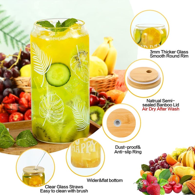 RIOMTRIC Print Can Glass with Lids and Straw Can Shaped Glass Drinking Glasses 1 Pcs 480Ml Tumbler Glass Reusable Cup Drinking Glasses Printed CAN1 - Image 4