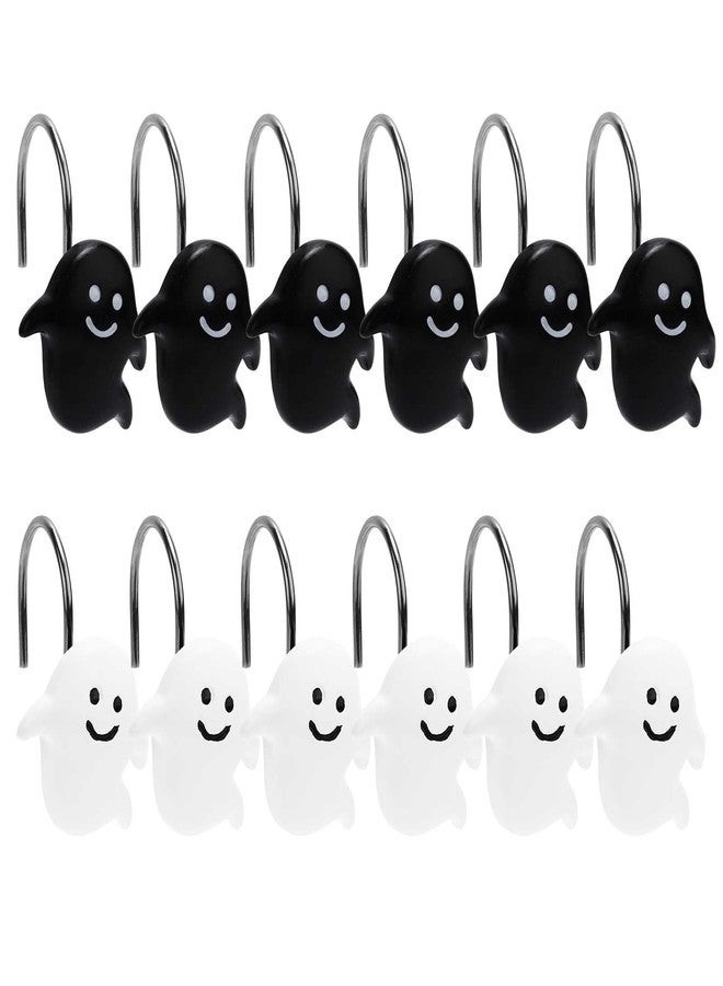 XIHIRCD 12PCS Shower Curtain Hooks, Halloween Ghost Shower Rings Decorative Shower Curtain Hangers Shower Curtain Hooks Decoration for Halloween Bathroom Rods Pendants Decor (Black & White) - Image 1