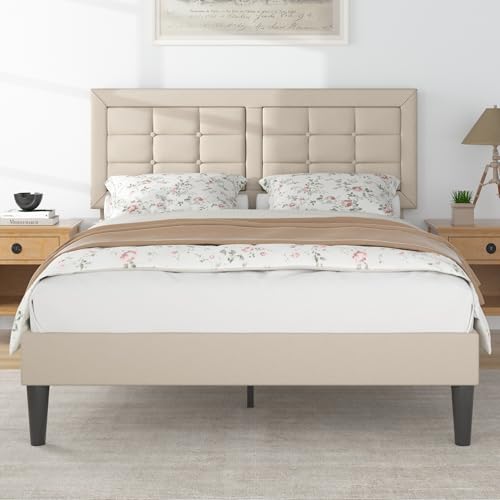 VECELO Full Size Bed Frame with Adjustable Headboard Upholstered Button Tufted Platform Bedframe with Wood Slats Support No Box Spring Needed Beige