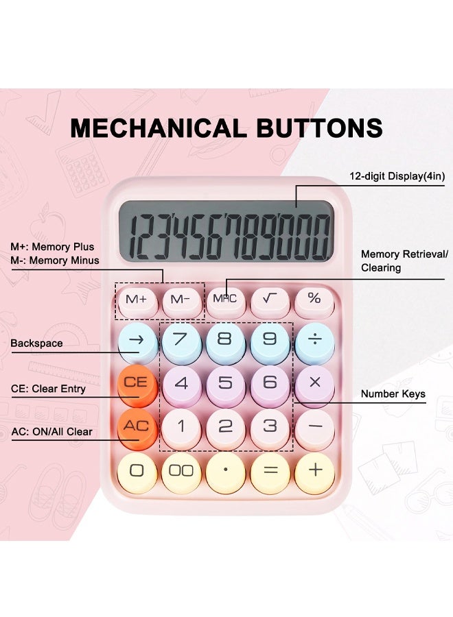 Mechanical Switch Calculator with Big Buttons, Calculators Desktop, 12 Digits, Large LCD Display, Desk Calculator, Cute Pink Calculators for Teachers Students Basic Office, Pink - Image 3