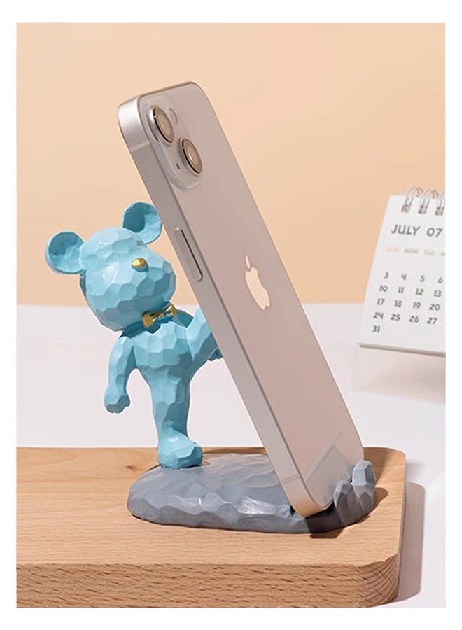 حامل الهاتف المحمول ، كئيب الدب لطيف حامل الهاتف الخليوي مكتب المنزل ديكور متوافق مع جميع الهواتف الذكية الراتنج الأزرق ركلة عالية - Image 1