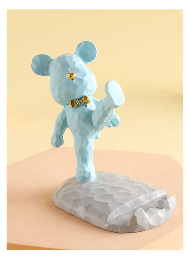 حامل الهاتف المحمول ، كئيب الدب لطيف حامل الهاتف الخليوي مكتب المنزل ديكور متوافق مع جميع الهواتف الذكية الراتنج الأزرق ركلة عالية - Image 3