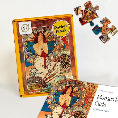 91Knots | Monaco Monte Carlo by Alphonse Mucha 140pcs Wooden Art Puzzle for Adults & Kids 5+ | Classic Art Nouveau Painting Jigsaw | Pocket Brain Teaser | Ideal for Gift - Image 1