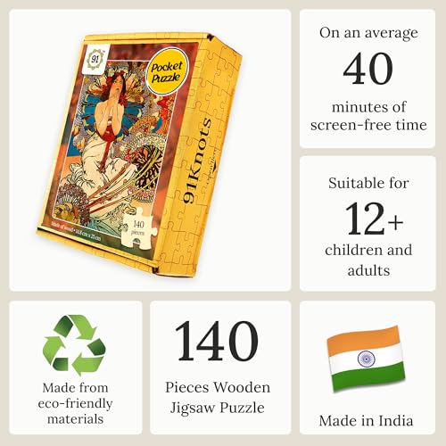 91Knots | Monaco Monte Carlo by Alphonse Mucha 140pcs Wooden Art Puzzle for Adults & Kids 5+ | Classic Art Nouveau Painting Jigsaw | Pocket Brain Teaser | Ideal for Gift - Image 3