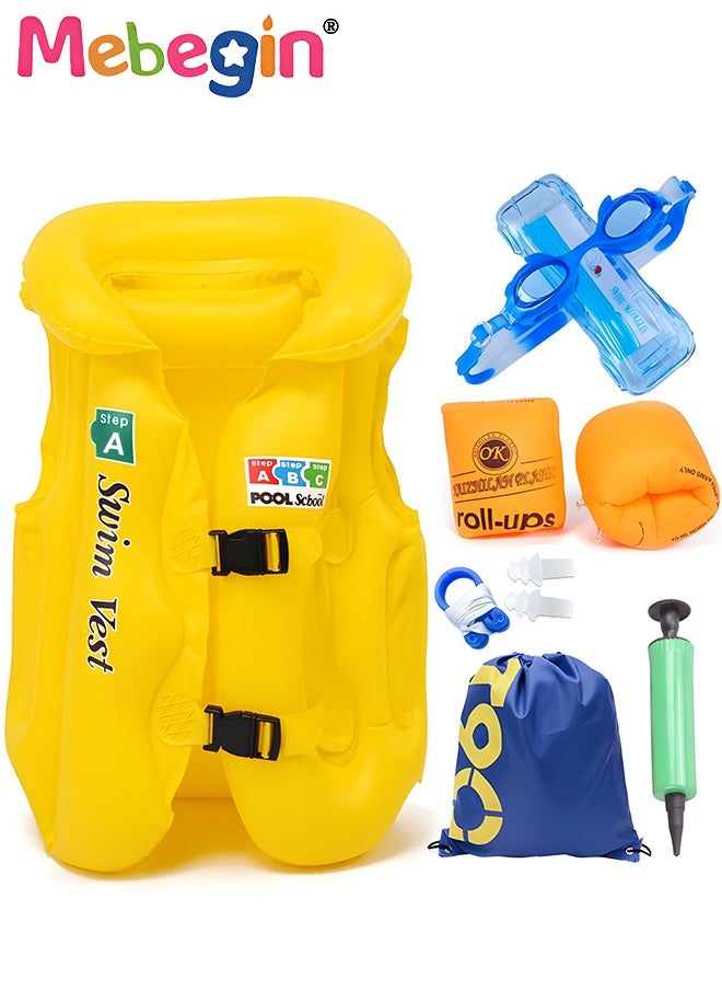 MEBEGIN 6Pcs Kids Swim Vest Set with Inflator Swimming Goggles, Sleeves, Swimming Bag, Nose Clip and Earplugs, Floatation Vest with Adjustable Buckles, Buoyancy Swimming Aid Float Jacket for Learning Swiming, Perfect for Pool, Swim Lesson, Beach and Water Party  - Image 2
