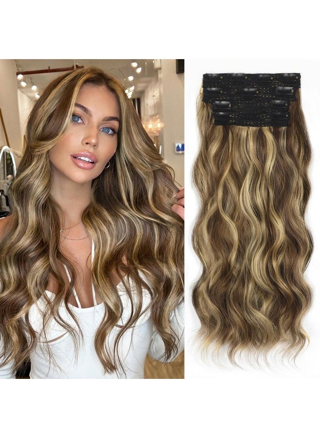 ALXNAN Hair Extensions, 4Pcs Highlight Clip In Hair Extensions, 20 Inches Mixed Brown & Blonde Long Wavy Natural Soft Synthetic Hairpieces For Women  - Image 1