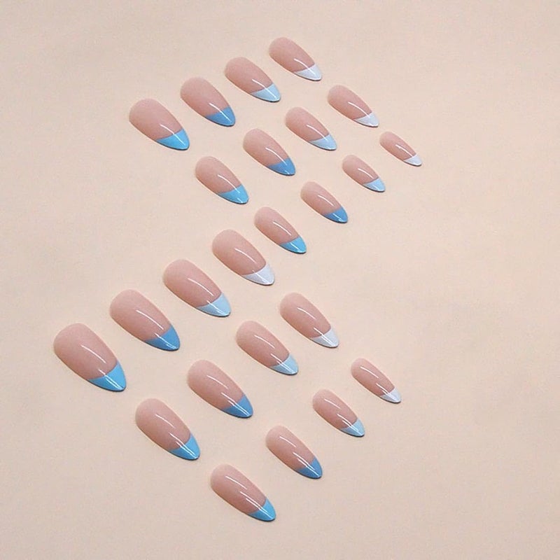 RikView French Tip Nails - Almond Press On Nails, Medium, Glossy, Blue, 24 PCS - Image 3