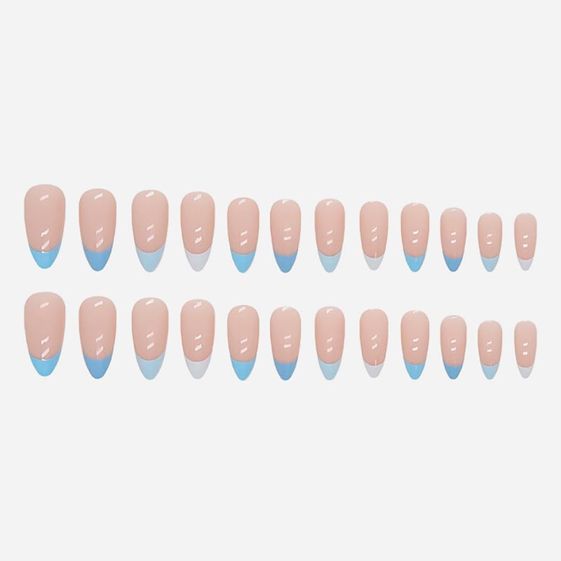 RikView French Tip Nails - Almond Press On Nails, Medium, Glossy, Blue, 24 PCS - Image 4