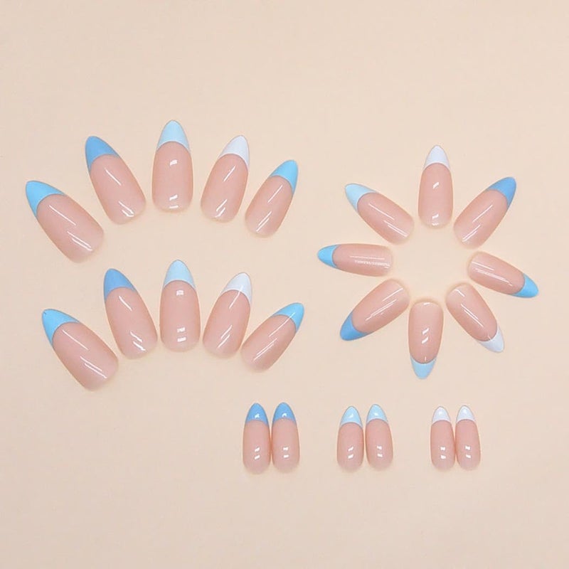 RikView French Tip Nails - Almond Press On Nails, Medium, Glossy, Blue, 24 PCS - Image 2