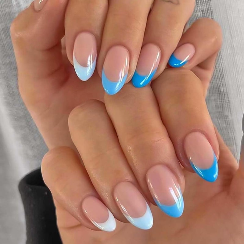RikView French Tip Nails - Almond Press On Nails, Medium, Glossy, Blue, 24 PCS - Image 1