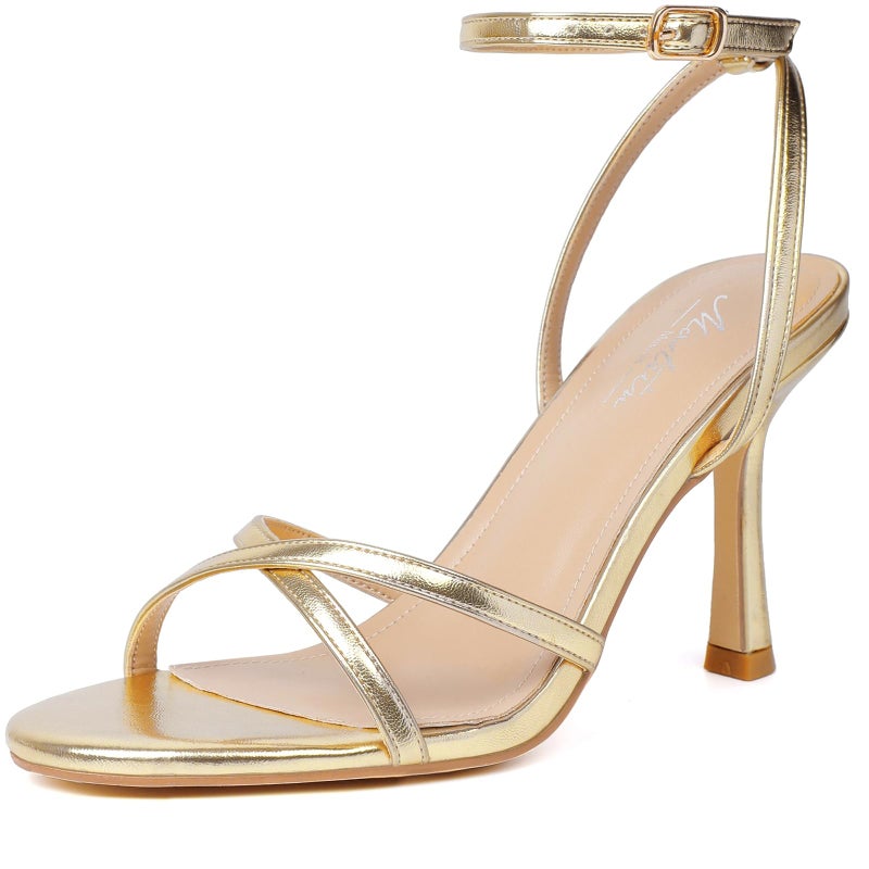 Mostrin Gold Strappy Heels for Women Lace Up Ankle Strap Round Open Toe Stiletto High Heels Women's Heeled Sandals for Prom, Party, Daily Size 8 - Image 1
