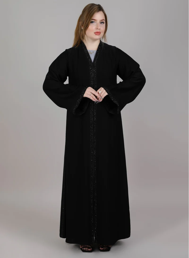 MSquare Fashion V Neck Black Korean Nida Embroidered Open Abaya
