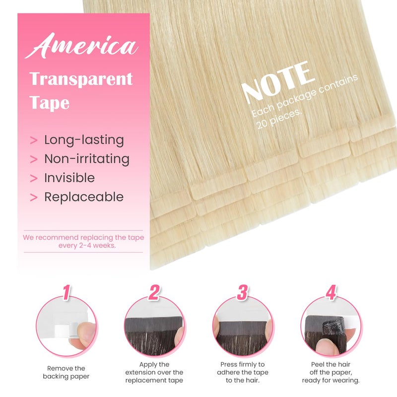 Aison Platinum Blonde Tape in Hair Extensions Human Hair Silky Straight for Women 20 Pcs/Package(18Inch #60 40g) - Image 3