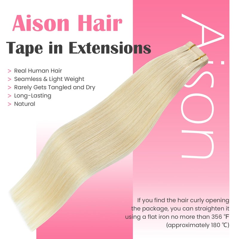 Aison Platinum Blonde Tape in Hair Extensions Human Hair Silky Straight for Women 20 Pcs/Package(18Inch #60 40g) - Image 4