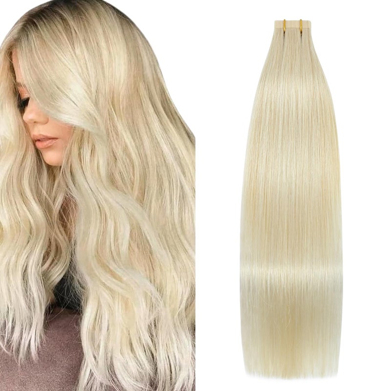 Aison Platinum Blonde Tape in Hair Extensions Human Hair Silky Straight for Women 20 Pcs/Package(18Inch #60 40g) - Image 1