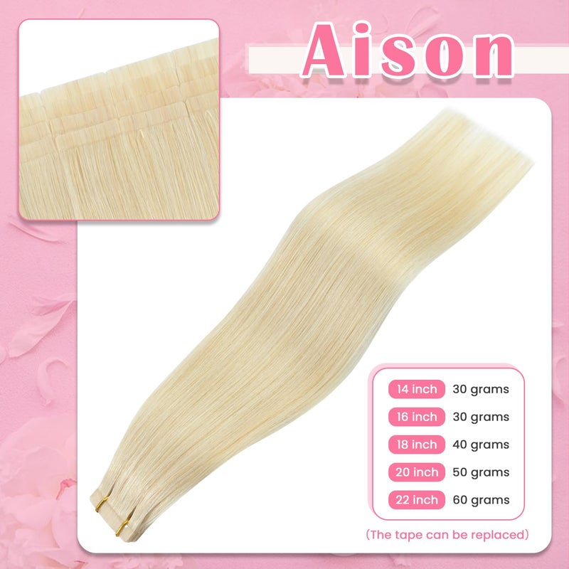 Aison Platinum Blonde Tape in Hair Extensions Human Hair Silky Straight for Women 20 Pcs/Package(18Inch #60 40g) - Image 2