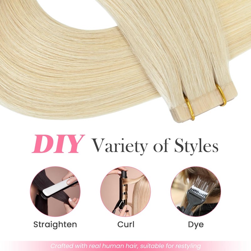 Aison Platinum Blonde Tape in Hair Extensions Human Hair Silky Straight for Women 20 Pcs/Package(18Inch #60 40g) - Image 5