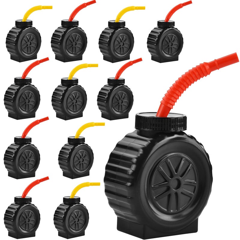 ALINK 12PCS Truck Tire Cups with Straws, Construction Truck Wheels Kids Party Cups for Race Car Themed Birthday Party Decoration Supplies - 10 OZ - Image 1