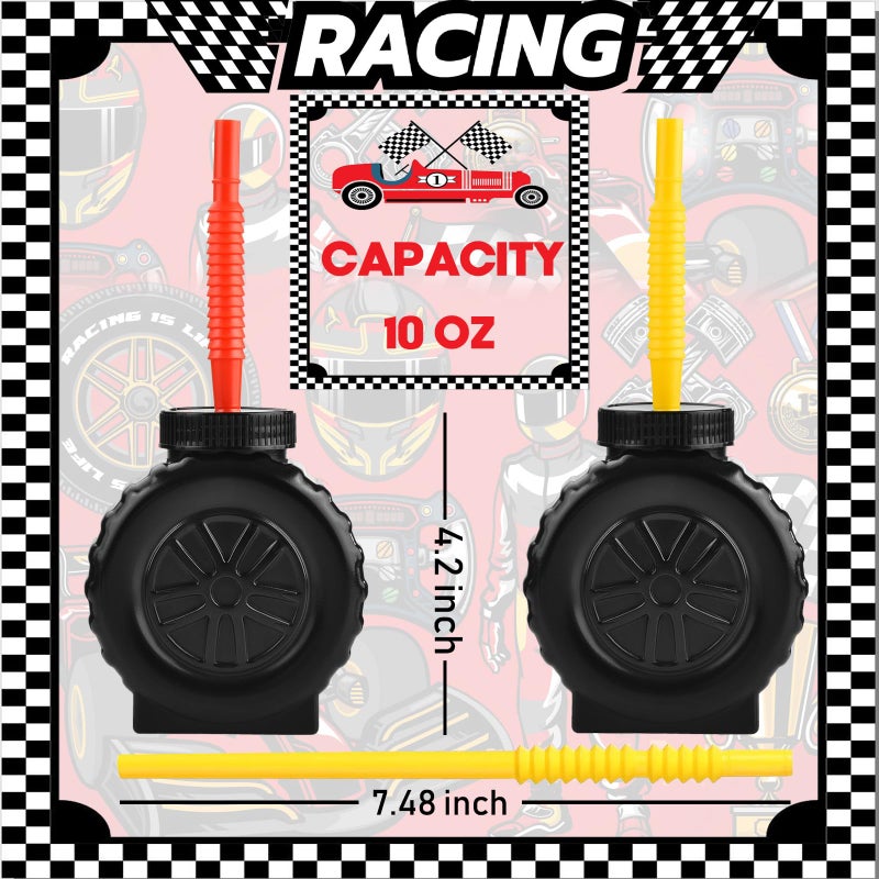 ALINK 12PCS Truck Tire Cups with Straws, Construction Truck Wheels Kids Party Cups for Race Car Themed Birthday Party Decoration Supplies - 10 OZ - Image 2