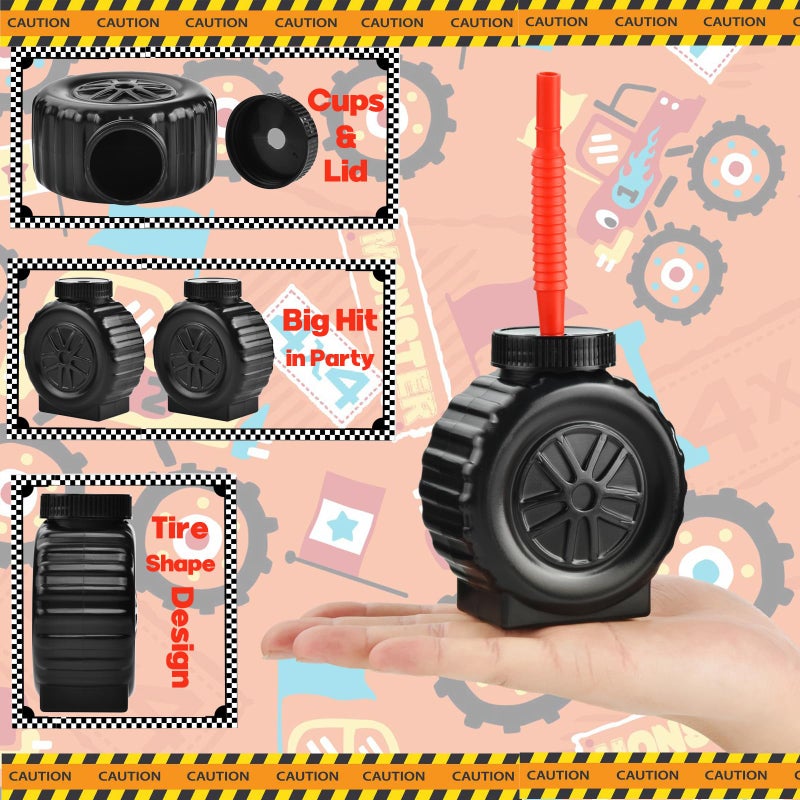 ALINK 12PCS Truck Tire Cups with Straws, Construction Truck Wheels Kids Party Cups for Race Car Themed Birthday Party Decoration Supplies - 10 OZ - Image 3