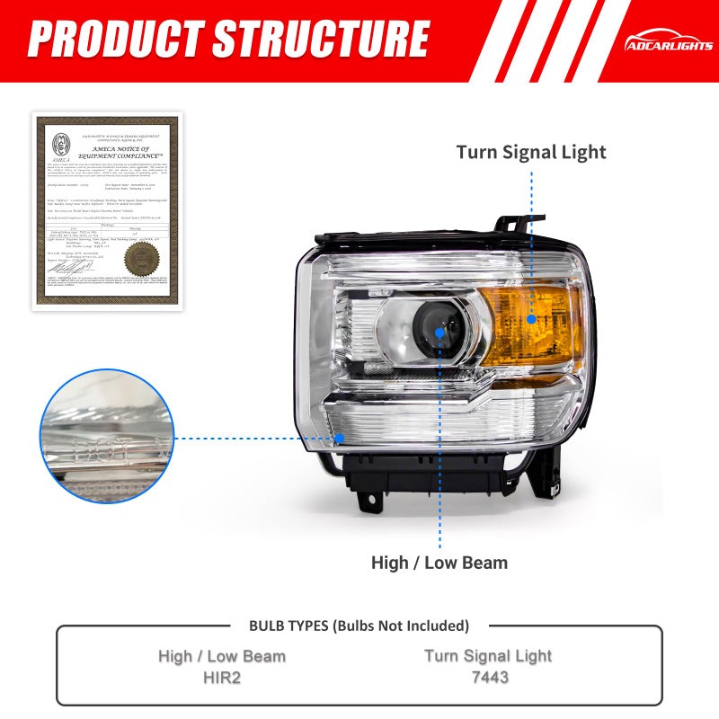 ADCARLIGHTS Headlights Assembly fit 2015 2016 2017 2018 2019 GMC Sierra 3500HD/ 2500HD Base/Denali/SLE/SLT / 14 15 16 17 18 GMC Sierra 1500 Headlamp Reflector Left+Right Side(No bulb included) - Image 5