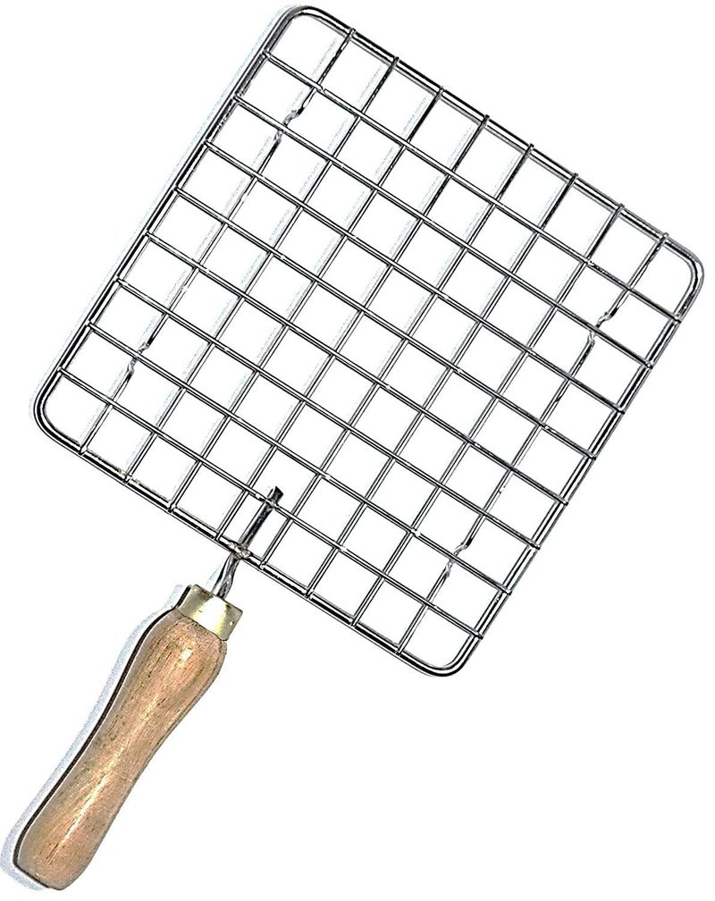 First Dream Stainless Steel Barbeque Square Papad Jali roti Roast Wire Grill Stand with Wooden Handle - Image 1