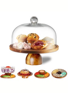 LENND Acacia Wood Cake Stand with Clear Acrylic Dome Cover, 6-in-1 Multifunctional Cake Holder, Serving Platter, Salad Bowl, Punch Bowl, Veggie Stand, Snack Tray  - Image 1