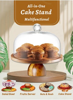 LENND Acacia Wood Cake Stand with Clear Acrylic Dome Cover, 6-in-1 Multifunctional Cake Holder, Serving Platter, Salad Bowl, Punch Bowl, Veggie Stand, Snack Tray  - Image 2