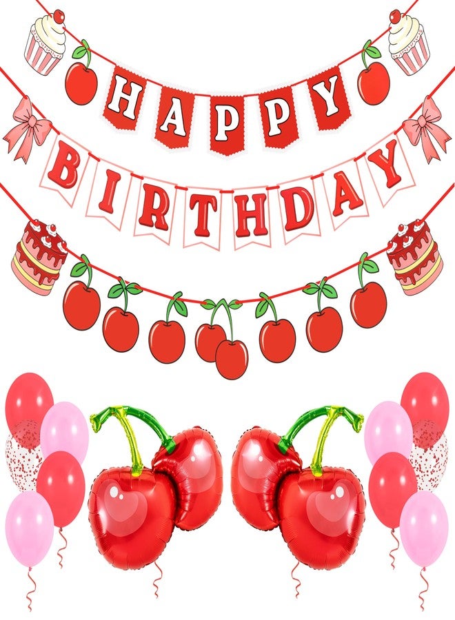 Pirese Cherry Birthday Decorations, Cherry Happy Birthday Banner with Balloons, Pre-Strung Cherry Party Decoration Kit - Image 1