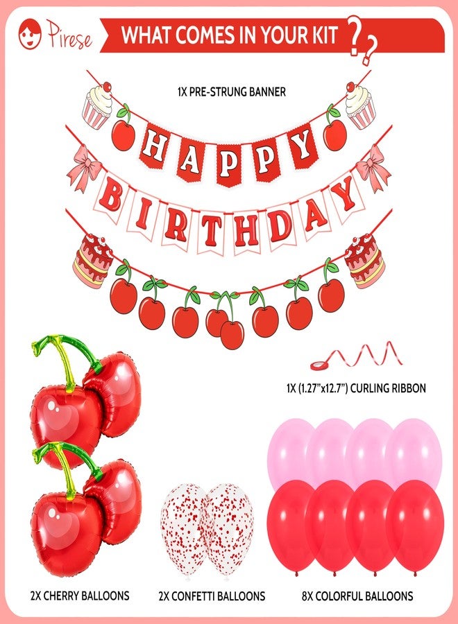Pirese Cherry Birthday Decorations, Cherry Happy Birthday Banner with Balloons, Pre-Strung Cherry Party Decoration Kit - Image 2