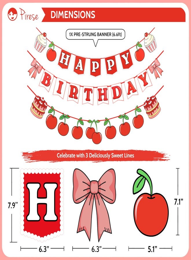 Pirese Cherry Birthday Decorations, Cherry Happy Birthday Banner with Balloons, Pre-Strung Cherry Party Decoration Kit - Image 3