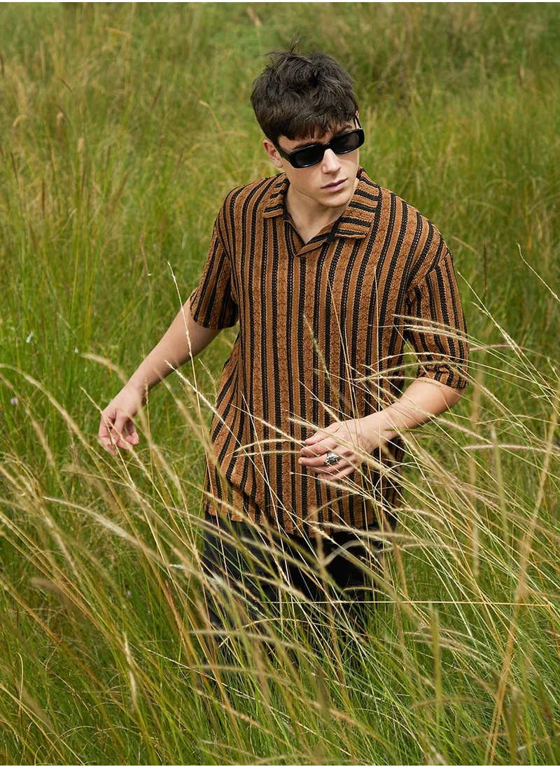 Campus Sutra Men's Chocolate Brown & Onyx Black Clover-Striped Polo T-Shirt