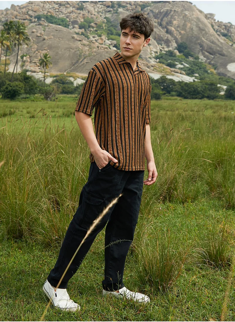 Campus Sutra Men's Chocolate Brown & Onyx Black Clover-Striped Polo T-Shirt