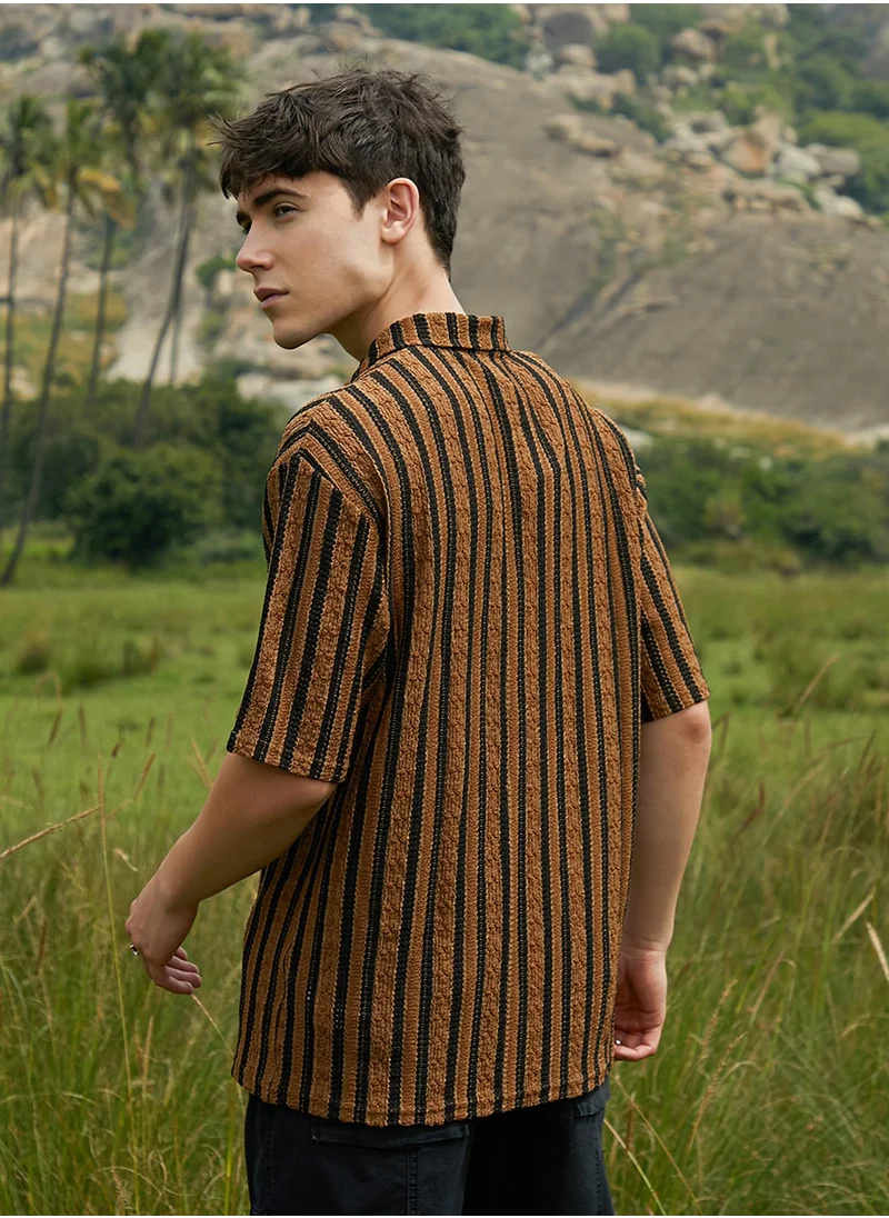 Campus Sutra Men's Chocolate Brown & Onyx Black Clover-Striped Polo T-Shirt