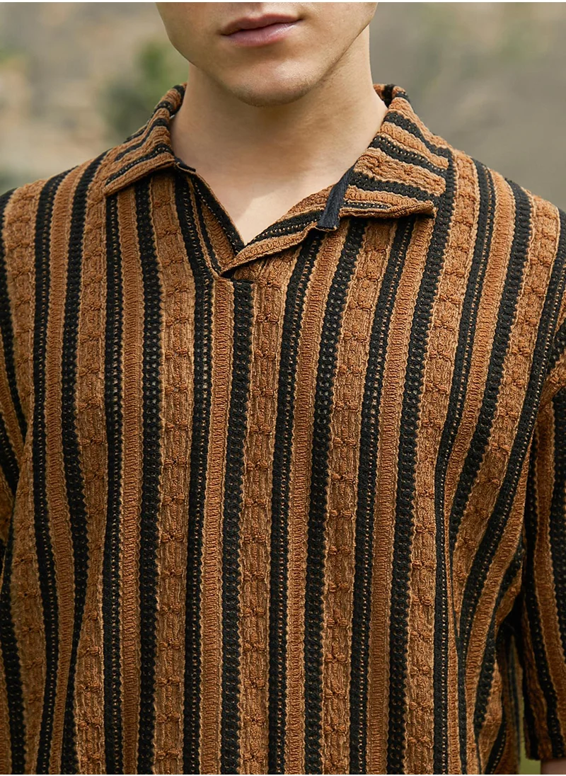 Campus Sutra Men's Chocolate Brown & Onyx Black Clover-Striped Polo T-Shirt