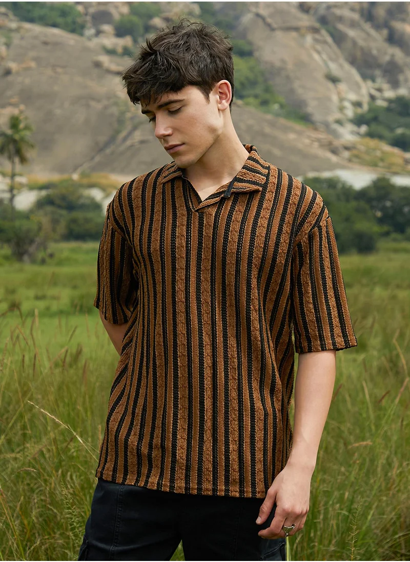 Campus Sutra Men's Chocolate Brown & Onyx Black Clover-Striped Polo T-Shirt